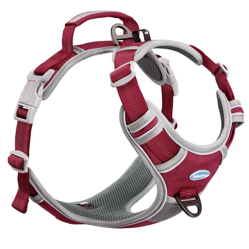 ThinkPet Anti Zug Hundegeschirr mit Griff - Verstellbar, Reflektierend, Atmungsaktiv, Gepolstert (M, Rot)