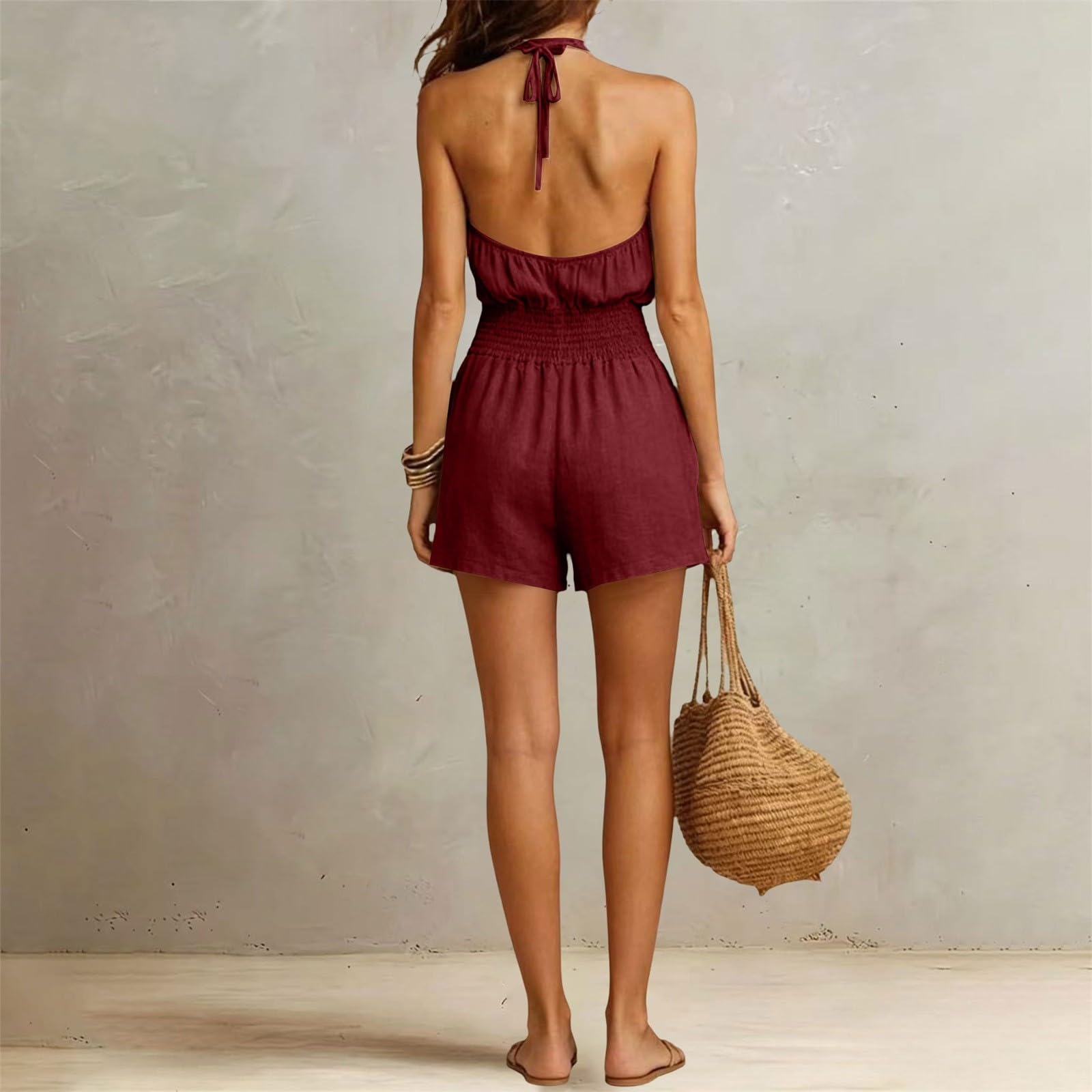Tuta estiva da donna, in cotone, con allacciatura al collo, con tasche | Pagliaccetto elegante bohémien a vita alta, morbido, leggero, arioso, corto, estivo, per tutti i giorni, spiaggia, vacanze