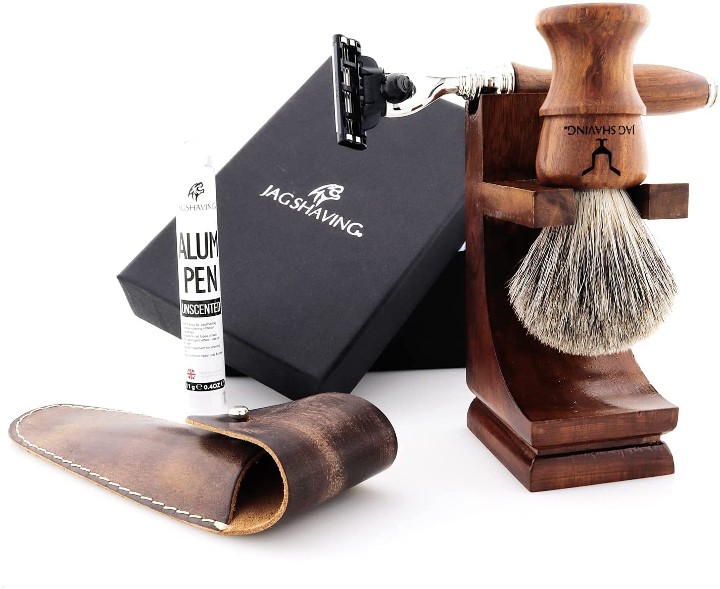 Jag Shaving Rasierset - Nachhaltige 4-teiliges Rasierset aus Holz - Super Dachshaar Rasierpinsel - 3 Rasierklingen Rasierhobel - Rasierständer - Ledertasche für Rasierhobel