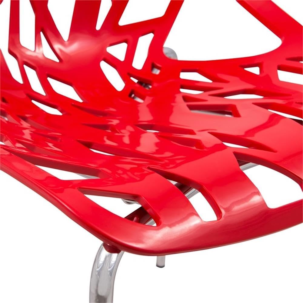 LeisureMod Forest Modern Dining Chair Set of 4 Red, Cut-Out Solid Back, Durable Polypropylene Seat with Chromed Legs, Stackable Contemporary Kitchen and Dining Room Chairs