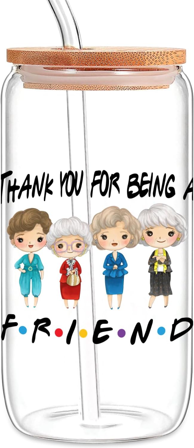 Thank You for Being A Friend - Funny Iced Coffee Glass Cup with Lid and Straw, Golden Girls Merchandise TV Show Gifts for Women Girls Fans - 16 Oz Coffee Glass