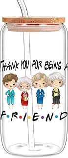 Thank You for Being A Friend - Funny Iced Coffee Glass Cup with Lid and Straw, Golden Girls Merchandise TV Show Gifts for Women Girls Fans - 16 Oz Coffee Glass