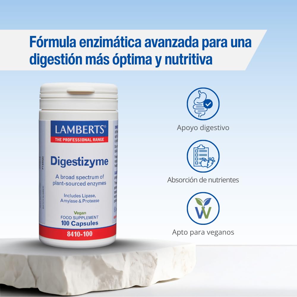 Lamberts Digestizyme® | 100 Cápsulas | Apto para Veganos | Enzimas Digestivas Origen Vegetal | Lipasa, Amilasa, Proteasa, Bromelina y Papaína | Amplio Espectro | Calidad Farmacéutica GMP