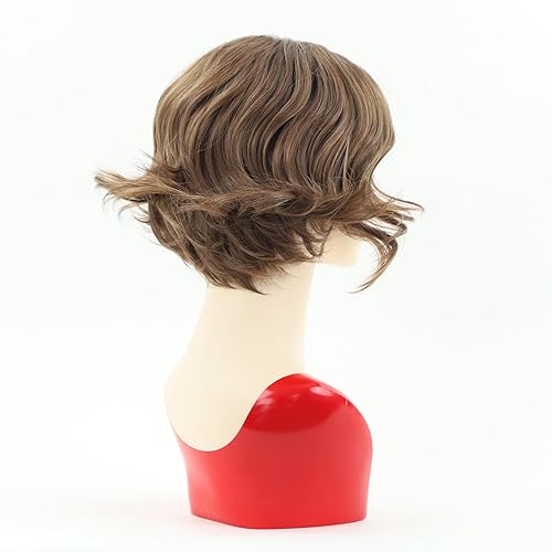 Miniatura 3 de TISHINING Pelucas cortas en capas de color marrón degradado ondulado para mujer, longitud de la barbilla, peluca de cabello sintético marrón