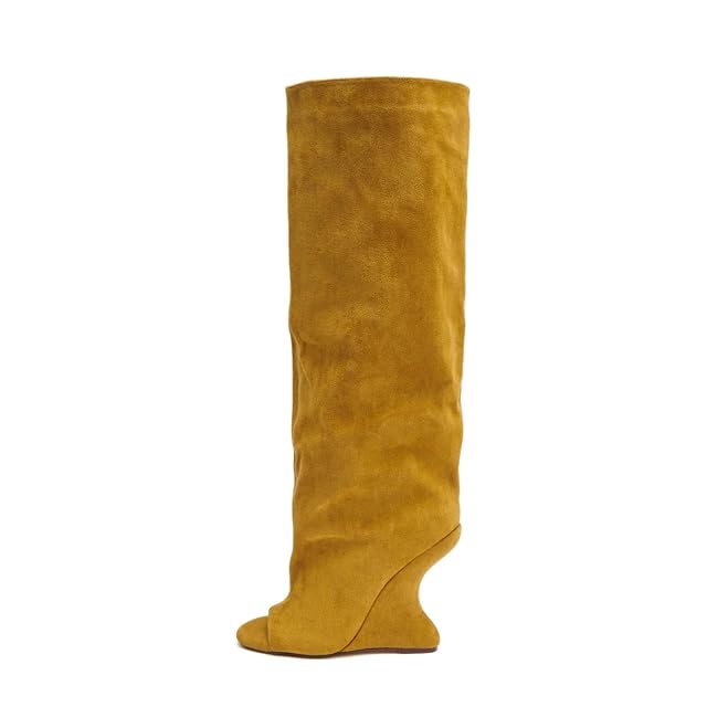 Atuelang Womens Slouchy Suede Knee High Boots Open Toe Pull On Tall Inverted Wedge Heel Boots