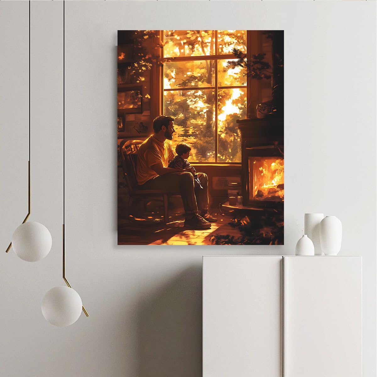 Pittura su tela padre e figlio stampe calde e calde tela al tramonto Poster Illustrazione murale per la Festa del Papà per casa Sala da pranzo Camera da letto Nursery 87x118cm Telaio interno