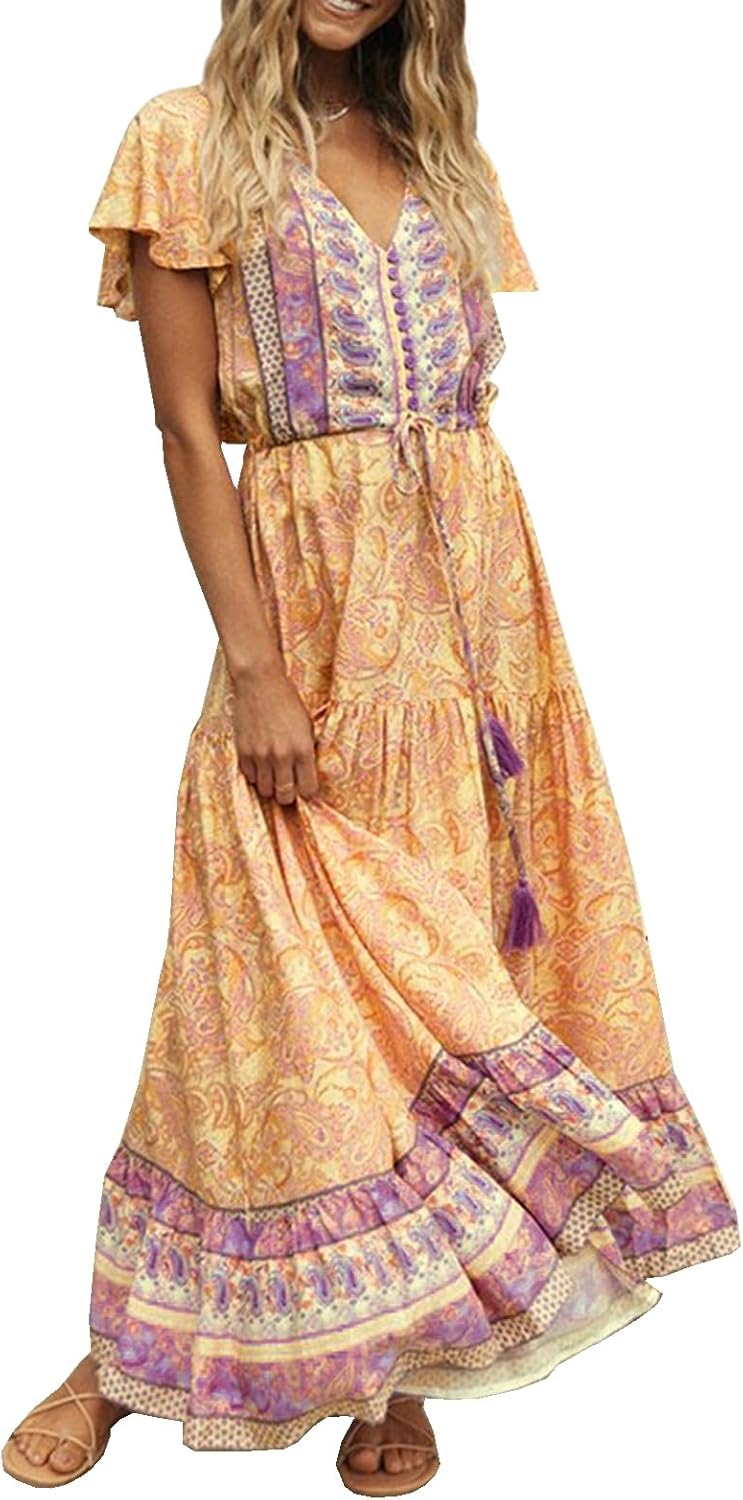 R.Vivimos Womens Summer Floral Print Cotton Short Sleeve Flowy Dress