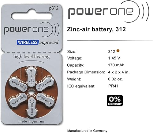Miniatura 3 de Power One Size 312 Zinc Air Audífono Baterías Sin mercurio (42 baterías)