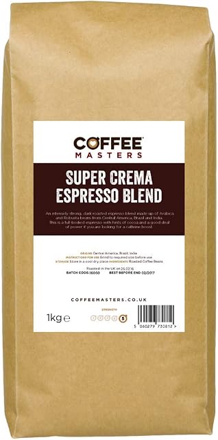 Coffee Masters Super Crema Espresso Coffee Beans 1kg - Intensely Strong Dark Roasted Blend of Arabica and Robusta Whole Coffee Beans - Ideal for Espresso Machines