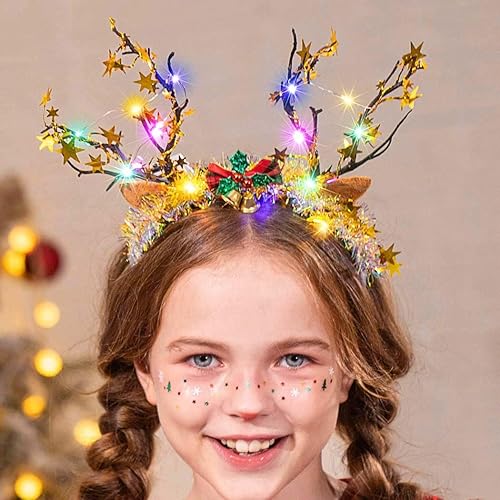 Miniatura 3 de CASDRE Diadema de Navidad iluminada, diadema de cornamenta de reno dorado, aro de Navidad, campana de lazo de Navidad, accesorios para el cabello