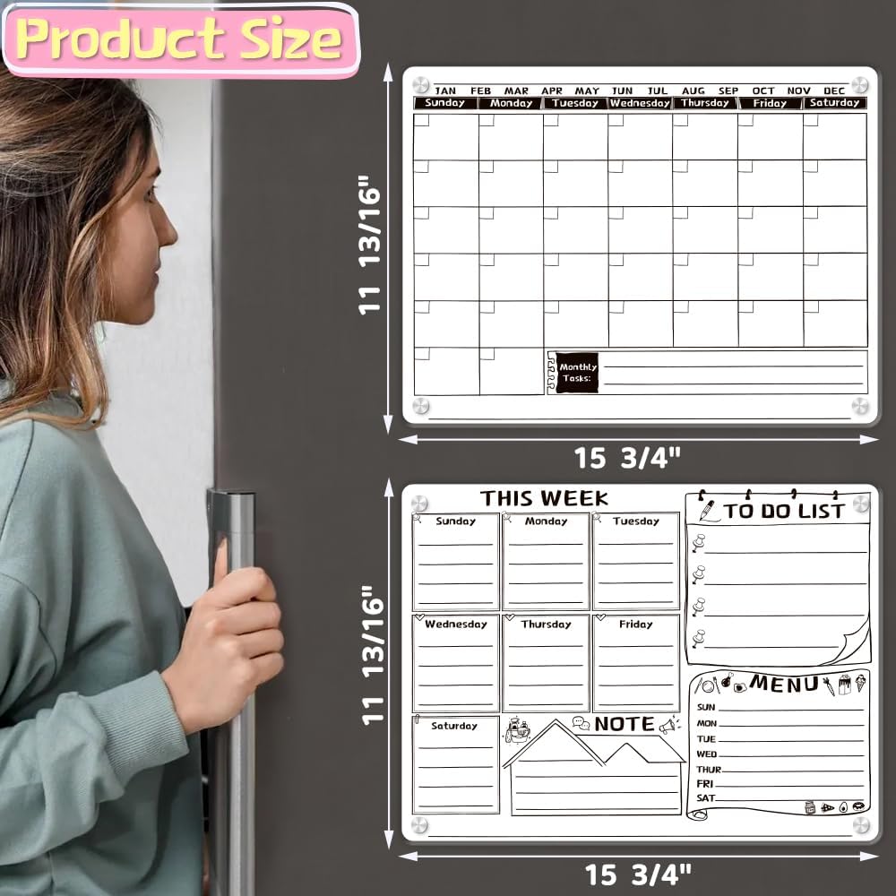 Acrylic Magnetic Whiteboard for Fridge, Acrylic Calendar for Fridge, Dry Erase White Board for Fridge Monthly and Weekly Calendar - 16"x12" Size- Includes 6 Color Dry Erase Marking