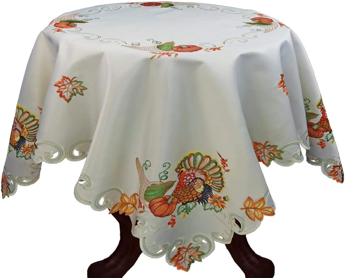 Creative Linens Fall Harvest Thanksgiving Tablecloth, Embroidered Turkey Pumpkin Maple Leaf Sunflower Ivory Holiday Decoration, 52” Round Topper