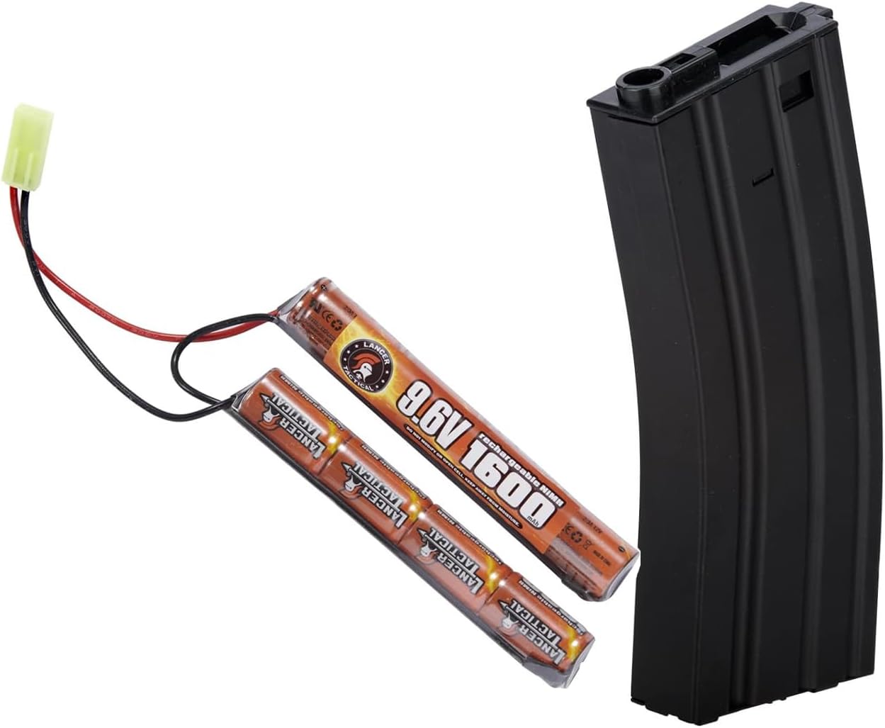 Lancer Tactical 9.6V 1600mAh NiMH Airsoft Battery & Gen 2 300-Round Steel AEG Magazine Bundle