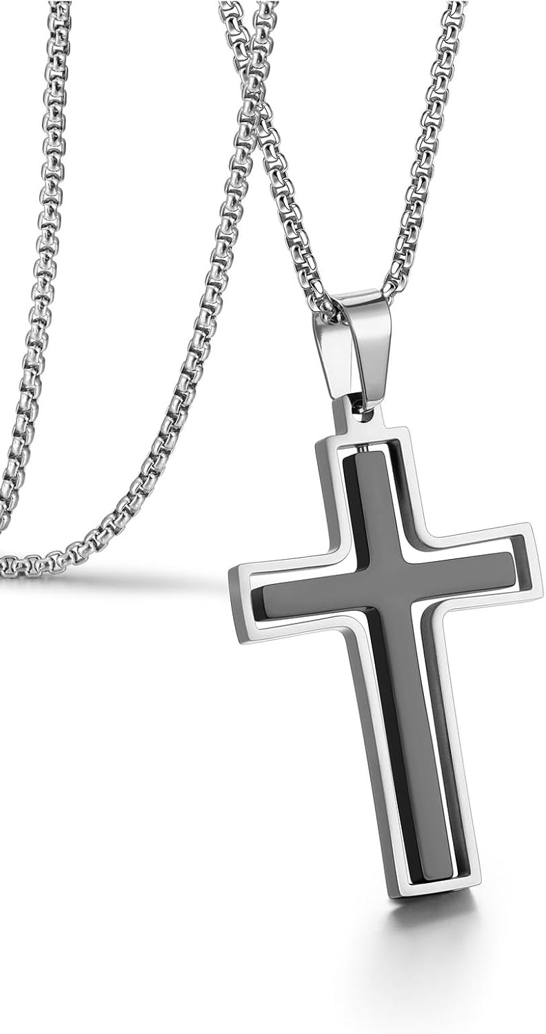 Cross Necklace for Men Silver Black Gold Stainless Steel Plain Cross Pendant Rotating Inspirational Crucifix Faith Religious Necklace for Men Women - Image 2