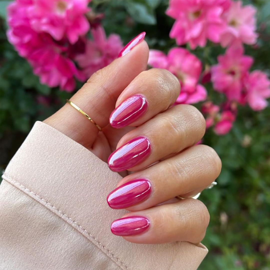KQueenest Chrome Hot Pink Press on Nails Medium Glazed Glitter False Nails Almond Medium