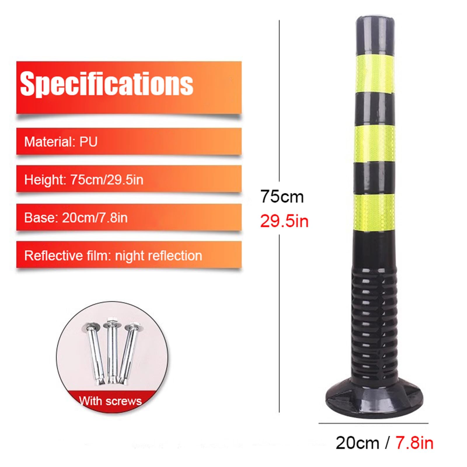Conos/ Poste señalizacion trafico Autopista Postes Delimitadores de Tráfico con Kit de Tornillos, Flexible PU Conos de Seguridad para Calles Carretera Garaje Calzada, Bolardo Visual Nocturno(Black,H-7