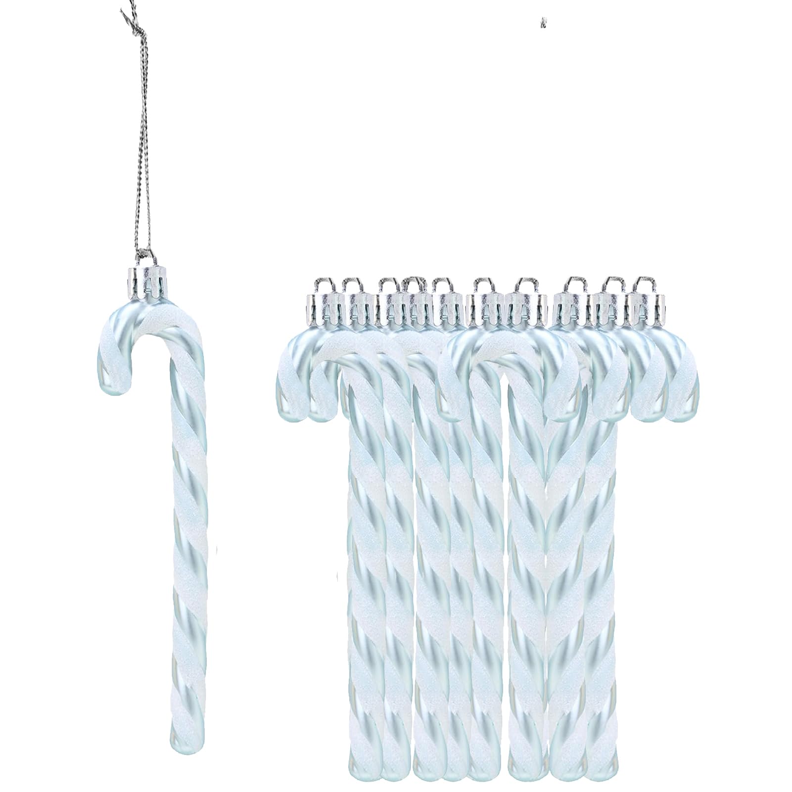 12Pcs Glitter Candy Cane Christmas Tree Decorations Christmas Plastic Candy Cane Tree Hanging Ornament for Holiday Party Decoration Favor (Ice Blue)