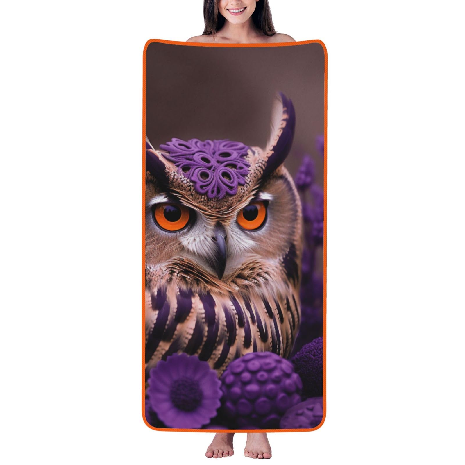 WPKJU Owl in The Flowers Printed Bath Towel with Orange Edging - 27x55 in Soft Extra Absorbent Coral Velvet Shower Towels for Bathroom