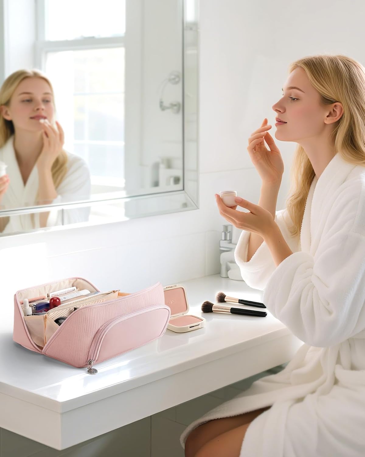 Lotour Makeup Bag Organizer Travel Cosmetic Bag, Large Capacity Skincare Bag for Women Girls, Portable Pouch Open Flat Toiletry Bag for Travel Essentials Toiletries Accessories - Image 7