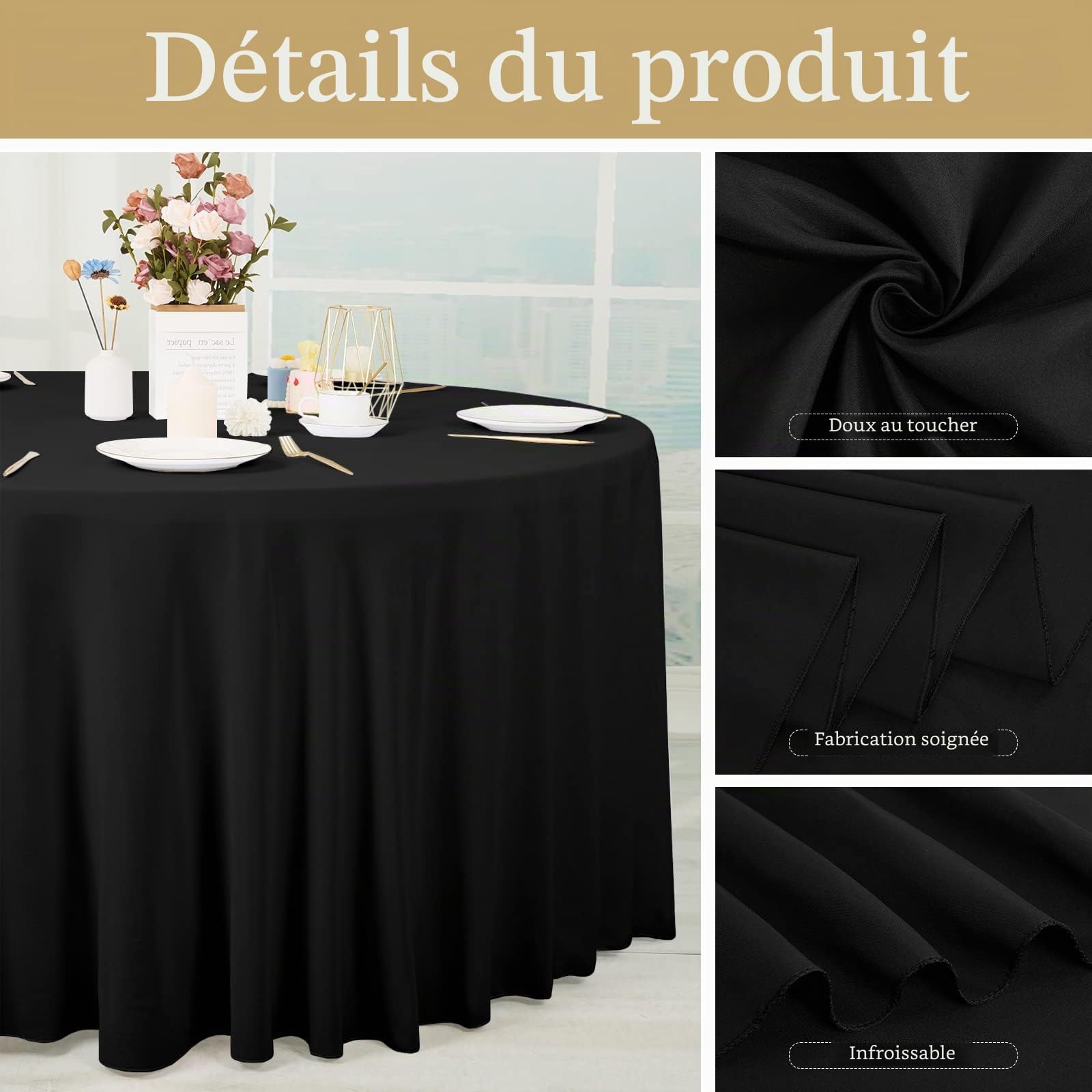 Lot de 8 Nappes Noir Rondes 120 Pouces/ 305cm En Polyester Nappe Ronde En Polyester Noir Nappes Résistantes Aux Plis Et Aux Taches Pour Réception De Mariage Salle à Manger Banquet Buffet,Extérieur