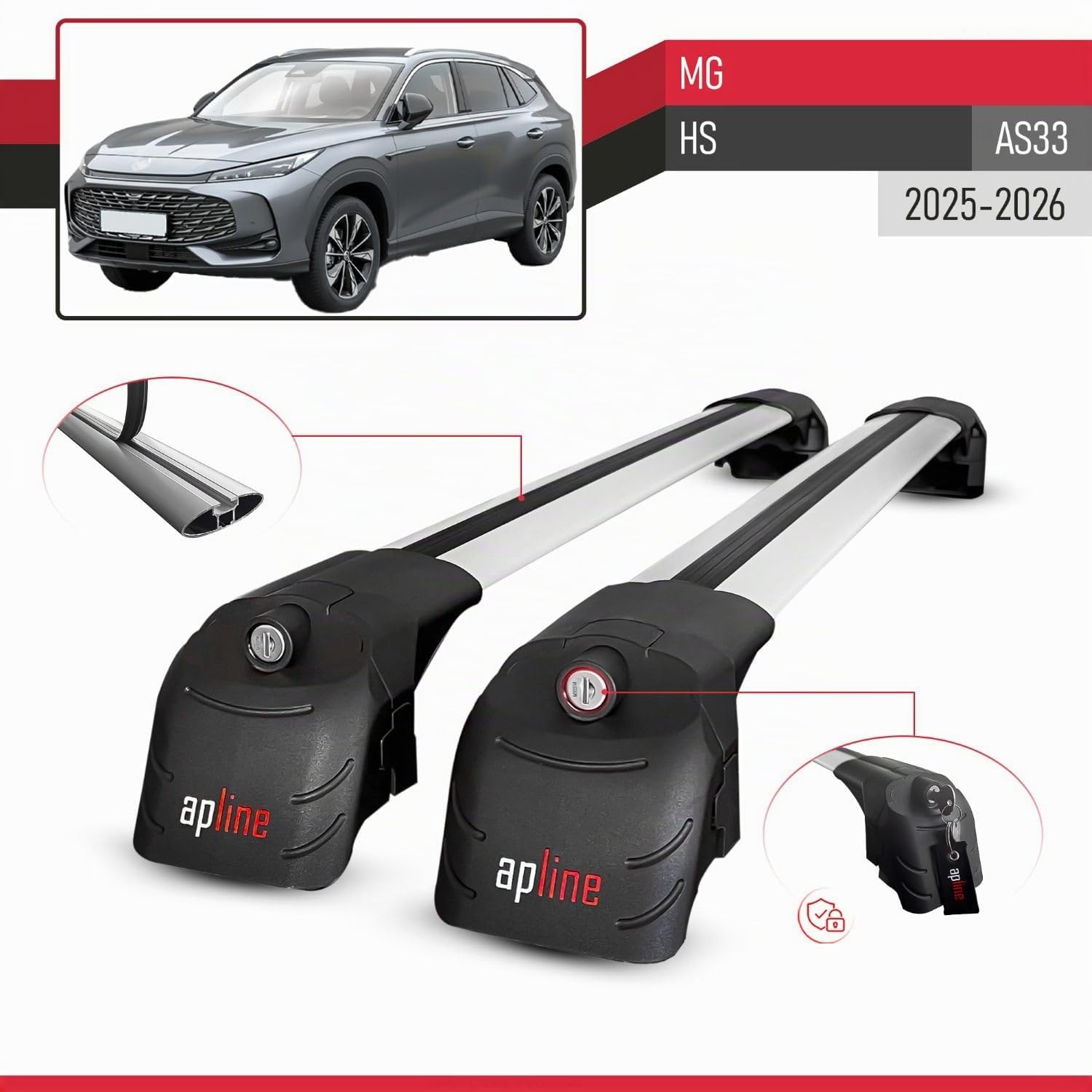 Compatible con MG HS (AS33) 2025-2026 Modelo Ace-2 Barra de Techo Auto Portaequipajes Barras Transversales Gris Aluminio 2 Barras