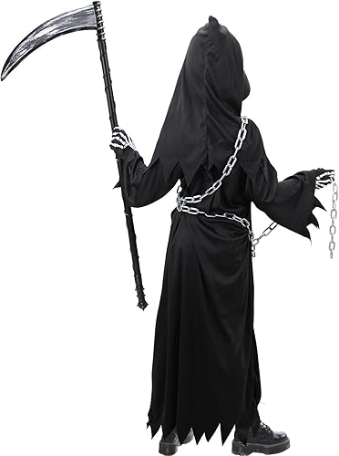 Miniatura 5 de Disfraz de la parca para niños, disfraz de Halloween aterrador con guadaña de la parca, ojos brillantes, guantes, cadena, cuaderno