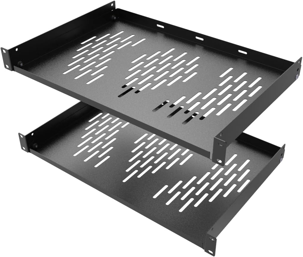 Beiyier 2PCS 1U Server Rack Shelf, Suitable for 19" Network Equipment Racks and Cabinets, Ventilated Cantilever Tray, Depth of 12 inches, Well-Ventilated (Black)