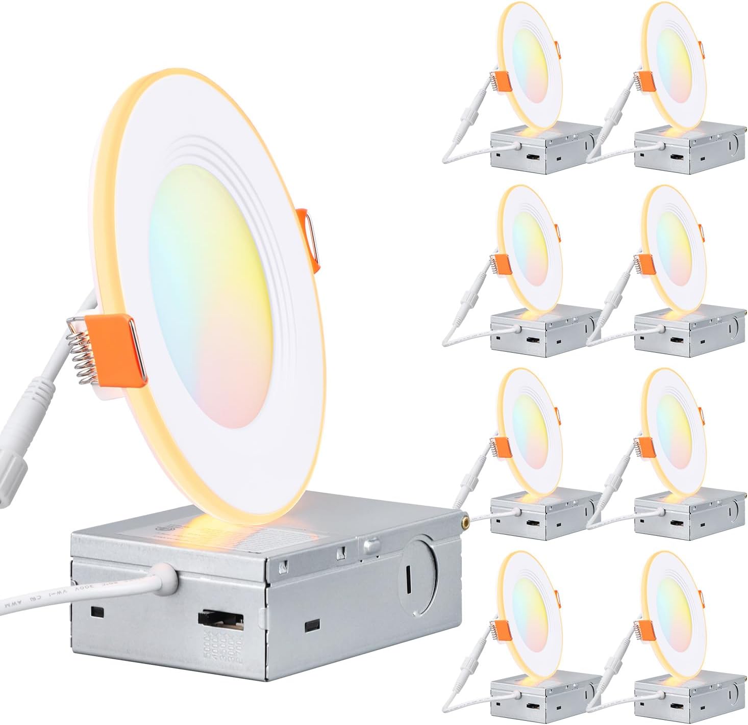 TORCHSTAR 8-Pack 5CCT 4 Inch Slim LED Recessed Lights with Night Light, CRI90, Anti-Glare Baffle Trim, 27003000350040005000K Selectable, 9W Dimmable Ultra-Thin Canless Wafer Downlight, ETL