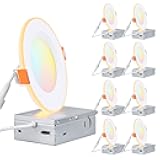 TORCHSTAR 8-Pack 5CCT 4 Inch Slim LED Recessed Lights with Night Light, CRI90, Anti-Glare Baffle Trim, 27003000350040005000K Selectable, 9W Dimmable Ultra-Thin Canless Wafer Downlight, ETL