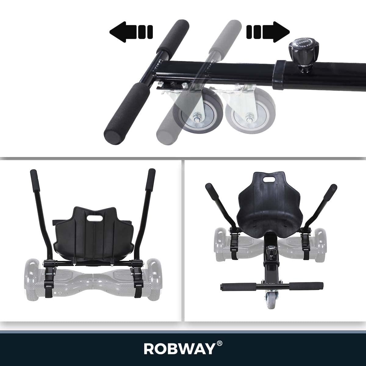 Robway Hoverkart | DAS ORIGINAL® (Noir) | W1 W2 W3 & universel pour planches de 6,5/8/10 pouces | Siège hoverboard | Hoverseat | Siège Hovercart | | Enfants et adultes