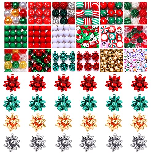NVENF 600PCS+ Christmas Beads Charms for Jewelry Making Metallic Christmas Bow Charms Red Green Clay Beads Assorted Rhinestone CCB Beads Gold Spacer Beads for DIY Bracelet Necklace Crafts