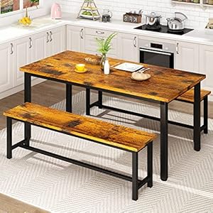 AWQM Dining Room Table Set, Kitchen Table Set with 2 Benches, Ideal for Home, Kitchen and Dining Room, Breakfast Table of 47.2×28.7×29.5 inches, Benches of 41.3×11.8×17.7 inches, Rustic Brown
