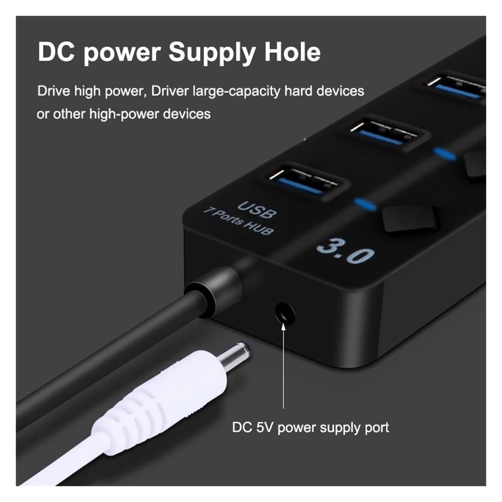 Hub USB 3.0 Szybka Prędkość 4/7 Port Z Przełącznikiem Zasilacza Wskaźnik LED Do Laptopa Akcesoria Komputerowe HUB3 MożLiwość Szybkiego łAdowania(4 port with plug)