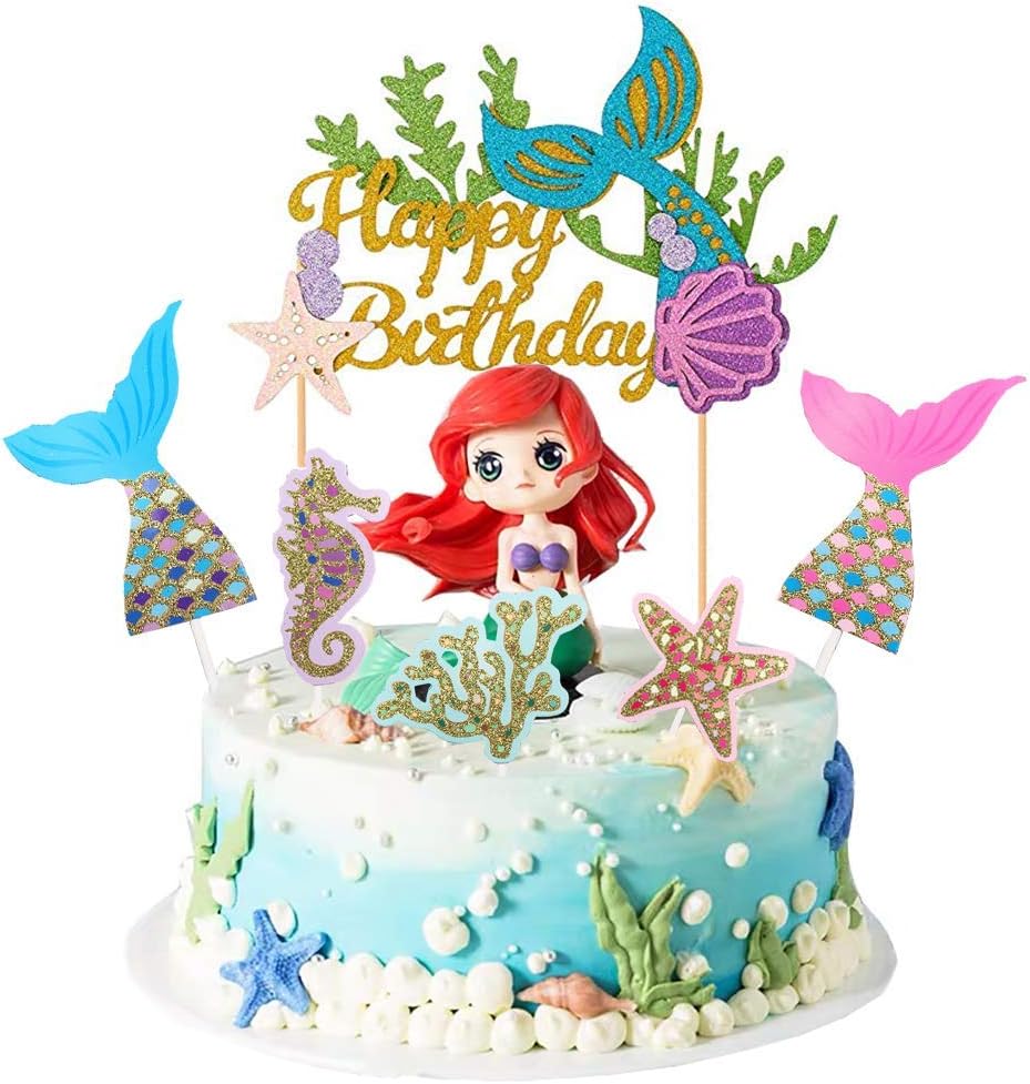 Mermaid Cake Topper Happy Birthday Cake Topper Glitter Under The Sea Cupcake Toppers Birthday Cake Decoration Supplies (6 Pieces)