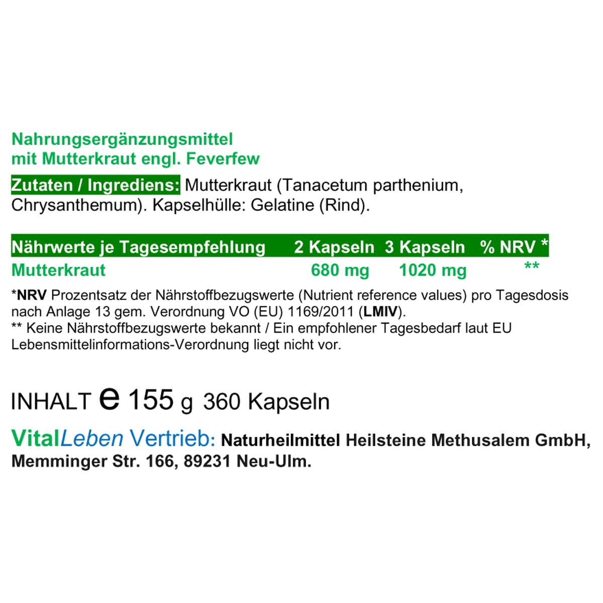 MUTTERKRAUT 360 Kapseln Migränekraut nach HILDEGARD VON BINGEN Feverfew "Kopfgewitter" - NATURDOSIERT = 100% NATUR pur. OHNE ZUSATZSTOFFE. 26308-360