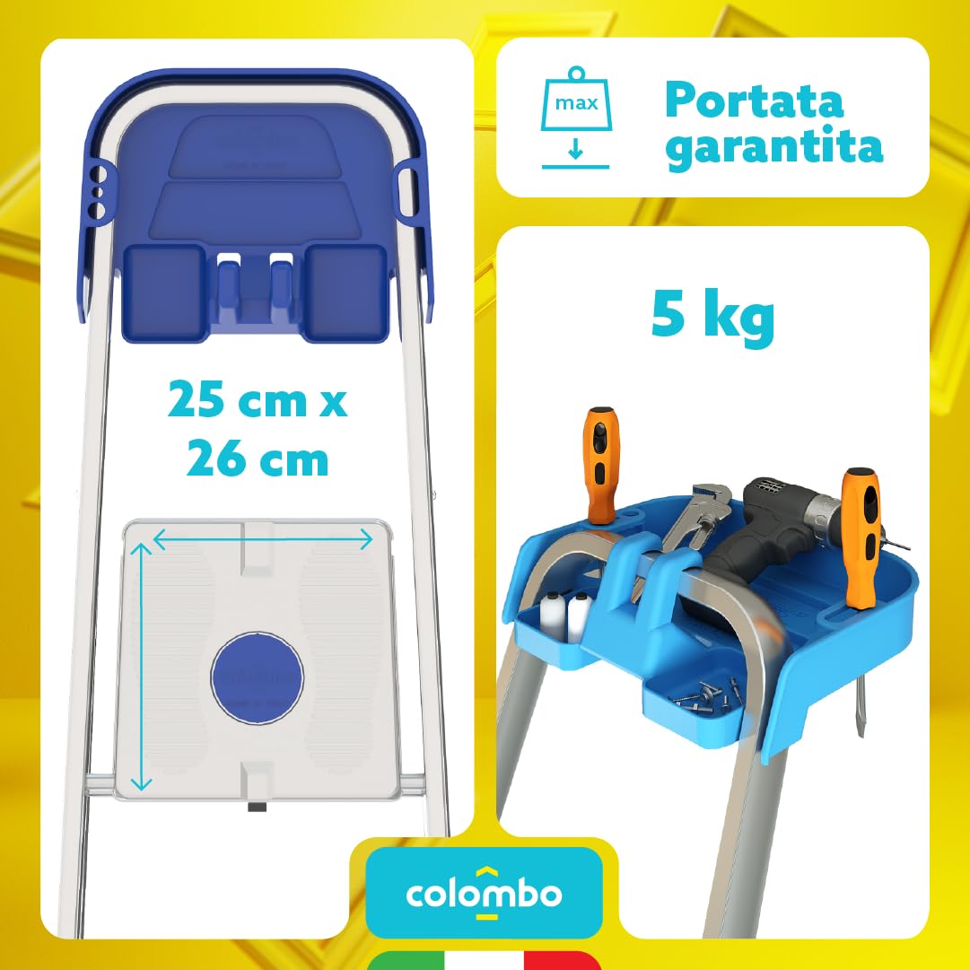 Colombo Scala Alluminio Atlantica 3/4/5/6/7/8 Gradini | Scala 6 Gradini Extra Large 12cm con Piattaforma Antiscivolo e Vaschetta Portautensili | Conforme EN131 TÜV-GS | Portata 150kg | Made in Italy