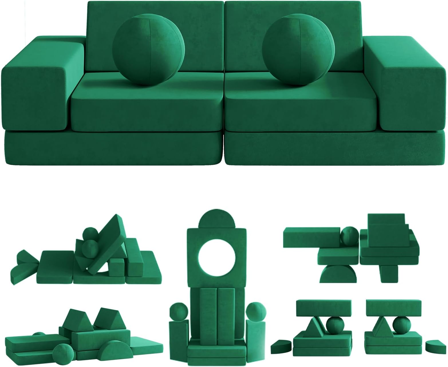 Kids Couch, 12PCS Fold Out Toddler Couch with 2 Balls and Tunnel, Modular Kids Couch for Playroom, Kids Play Couch for Kickball Game, Pitching Game, Over 30 Creative Gameplay Couch for Kids (Green)