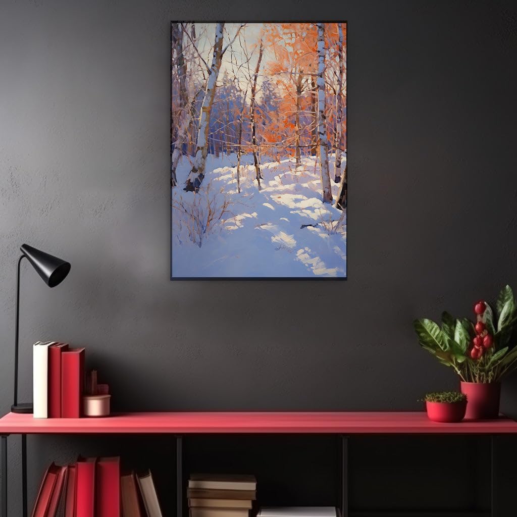 Canvas for Living room. Winter's Warm Embrace: A Serene Journey Through a Snow-Kissed Forest Landscape, 27 x 18 inch Canvas Wall Art - Expansive Panoramas - Modern Home Decor