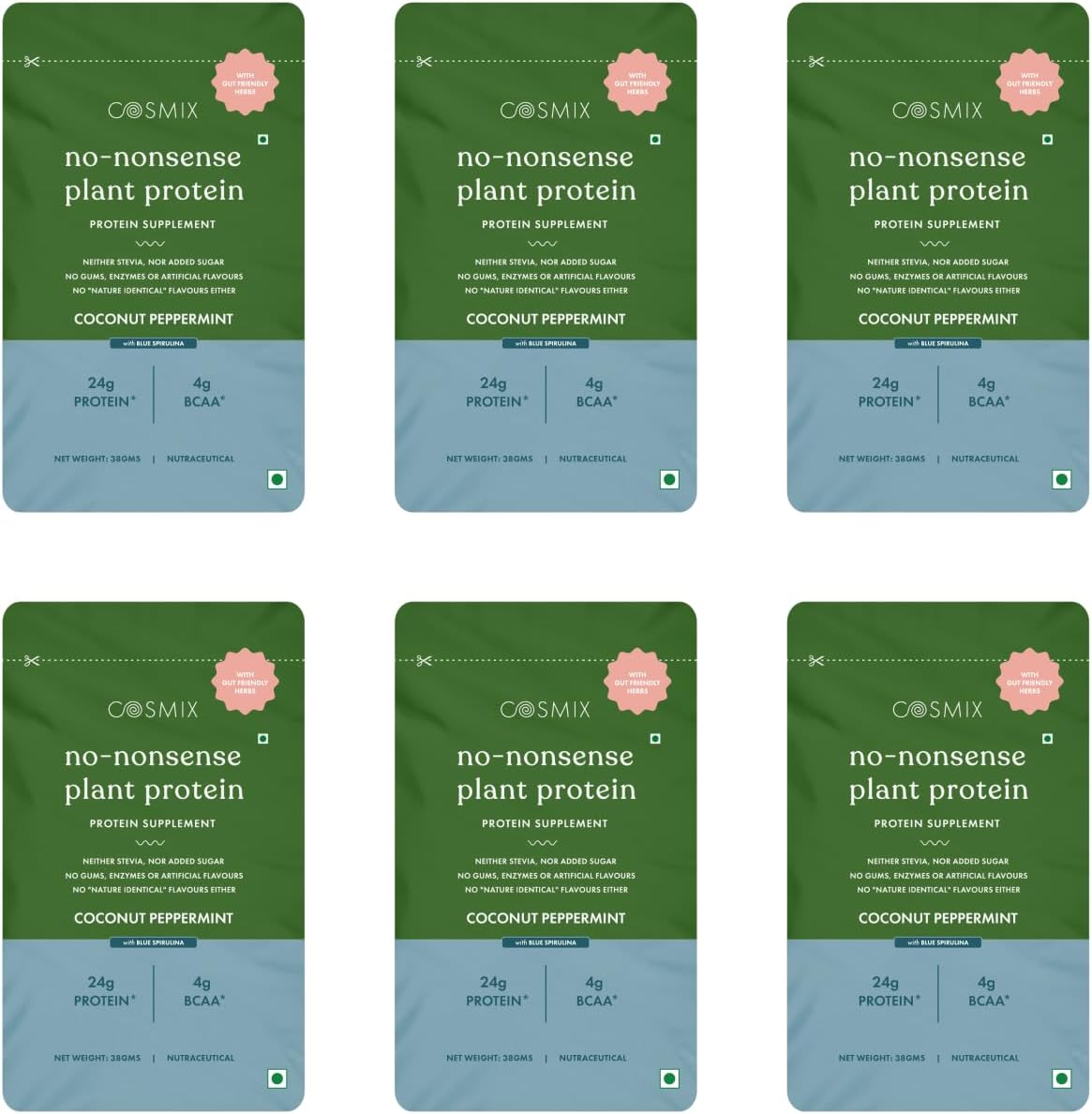 Cosmix No-Nonsense Plant Protein | 24g Protein/Serve | Coconut Peppermint | Organic Pea & Rice Isolate | Plant Based Protein | Easy To Digest | All Essential Amino Acids - 38g (Pack of 6 Sachets)