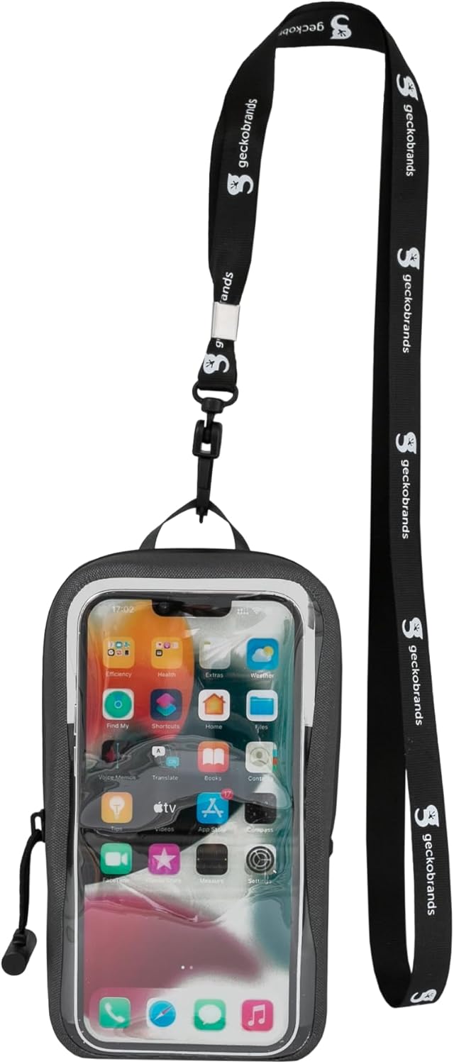 geckobrands Waterproof Phone Pouch Plus – Universal Fit, Touchscreen Friendly with Card Sleeve & Lanyard IPX7 Rated Gray
