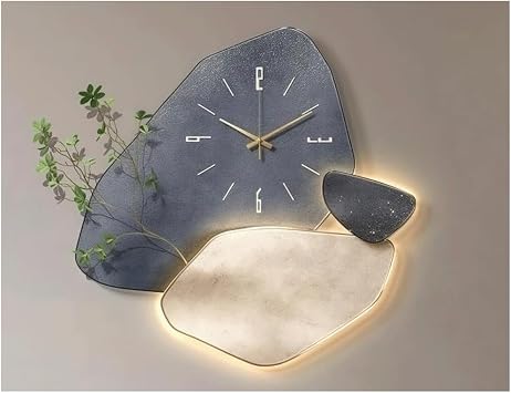 ساعة حائط حديثة من الحجر الرملي مع إضاءة LED، ساعة حائط فنية هندسية مزخرفة مع خضرة صناعية لغرفة المعيشة وغرفة الطعام وفندق مدرسة المكتب