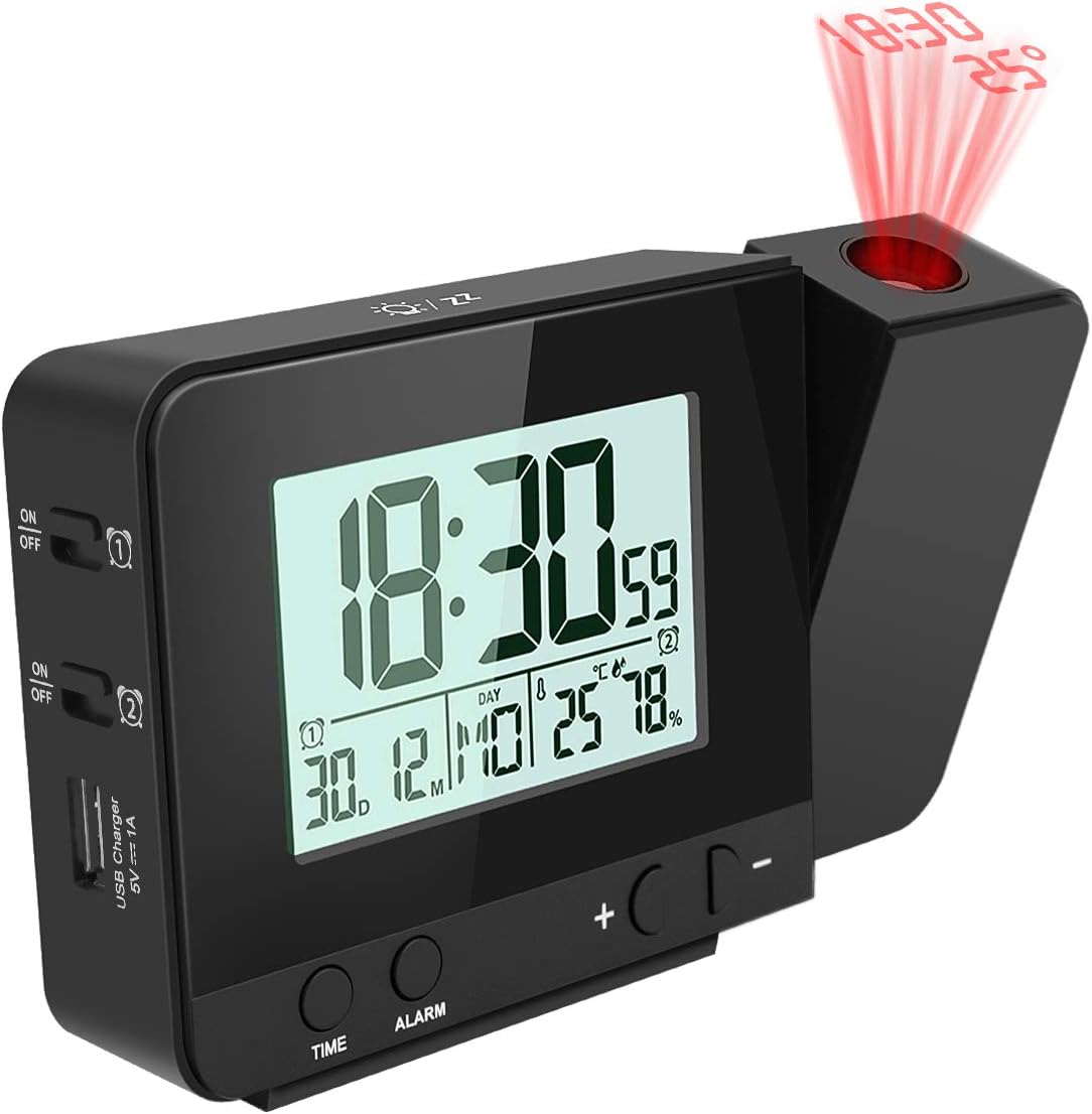 JhuaDigital Projection Alarm Clock Dimmable Alarm Clock with Indoor Temperature Hygrometer, USB Charger, LCD Display Dual Alarm Clocks for Bedrooms Ceiling Wall, DC & Battery Operated, Black