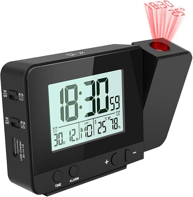 E-More Projection Alarm Clock, Digital Alarm Clock Dual Alarm Table Clock, Adjustable Brightness, Date Time and Temperature Display, Snooze, Battery or USB Powered for Bedroom, Office, Kitchen