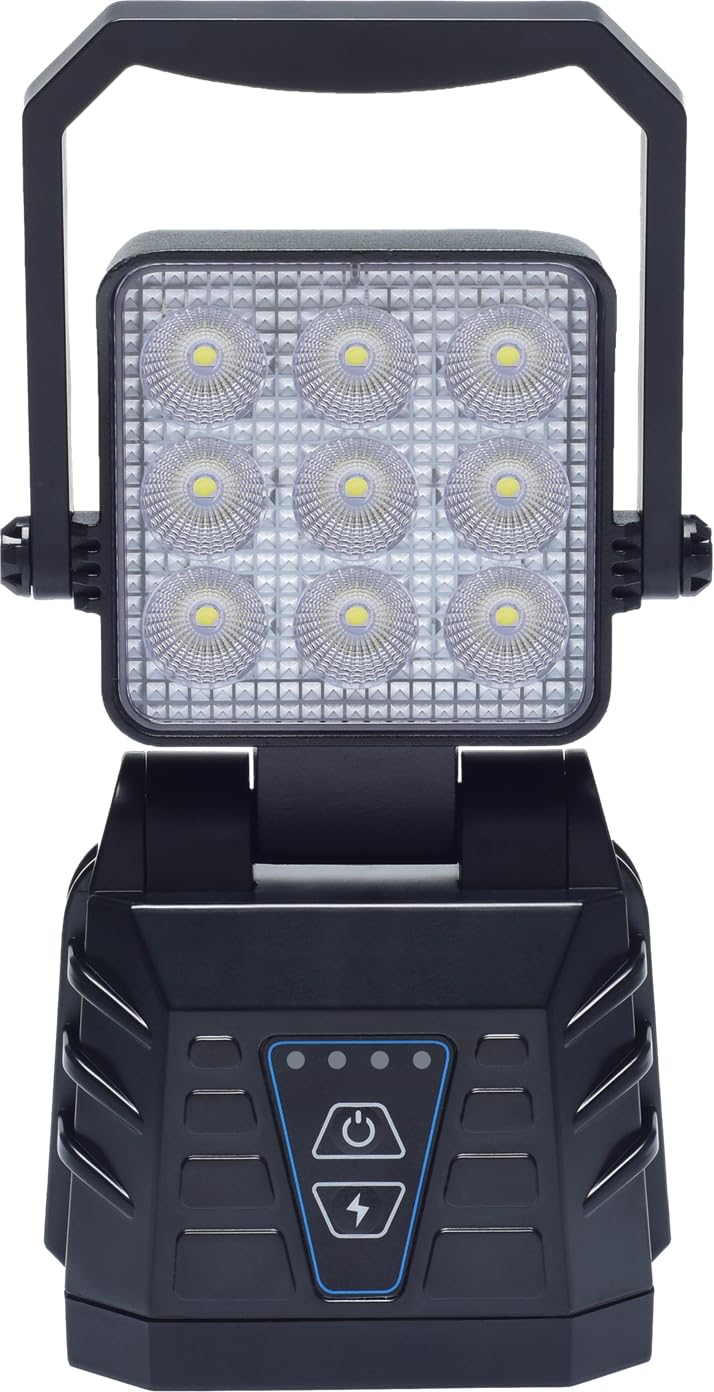 Berger & Schröter | Mobiler LED Arbeitscheinwerfer, 15 W Arbeitslicht, Magnetfuß, 4500 mAh 7,4 V Akku 33.3Wh, 9 LEDs, weiß und orange, IP66, 90° verstellbar, Tragegriff, Nahfeldausleuchtung