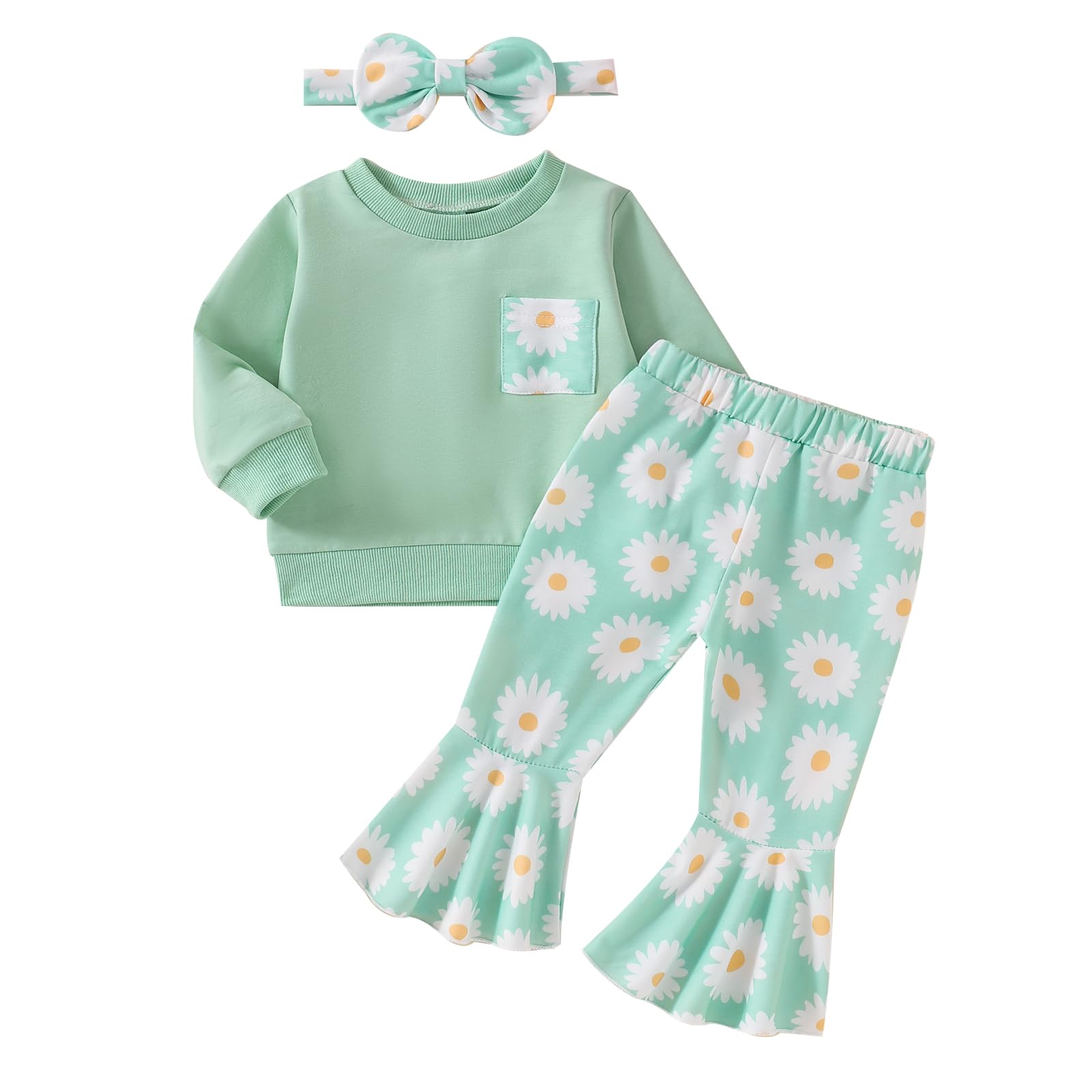 ZAXARRA Toddler Baby Girl Fall Outfits Baby Girl Sweatshirt Tops Floral Pants with Headband 3Pcs Festival Clothes (Green, 6-12 Months)
