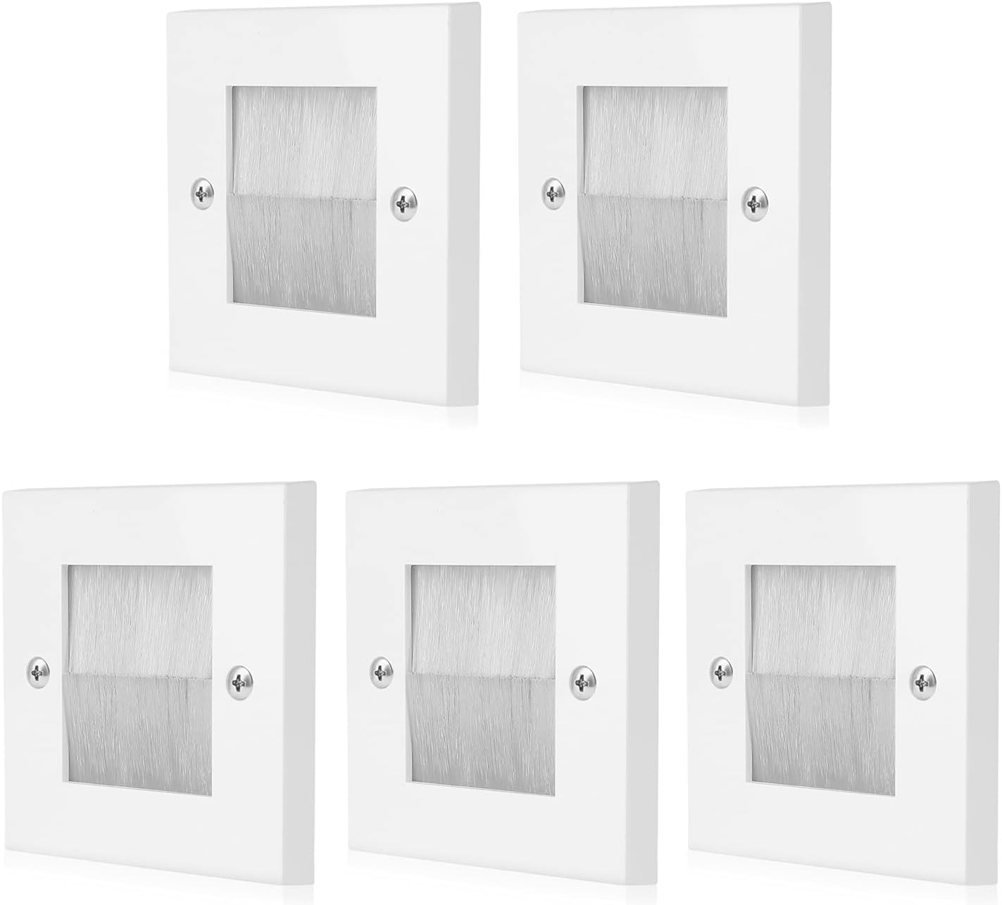 TNP Brush Faceplate Faceplate Wall Plate - Single Gang Cable Entry Access Brush Bristles Style Strap Opening Port Insert Socket Wiring Plug Jack Decorative Cover Outlet Mount Panel (White) (5 Pack)