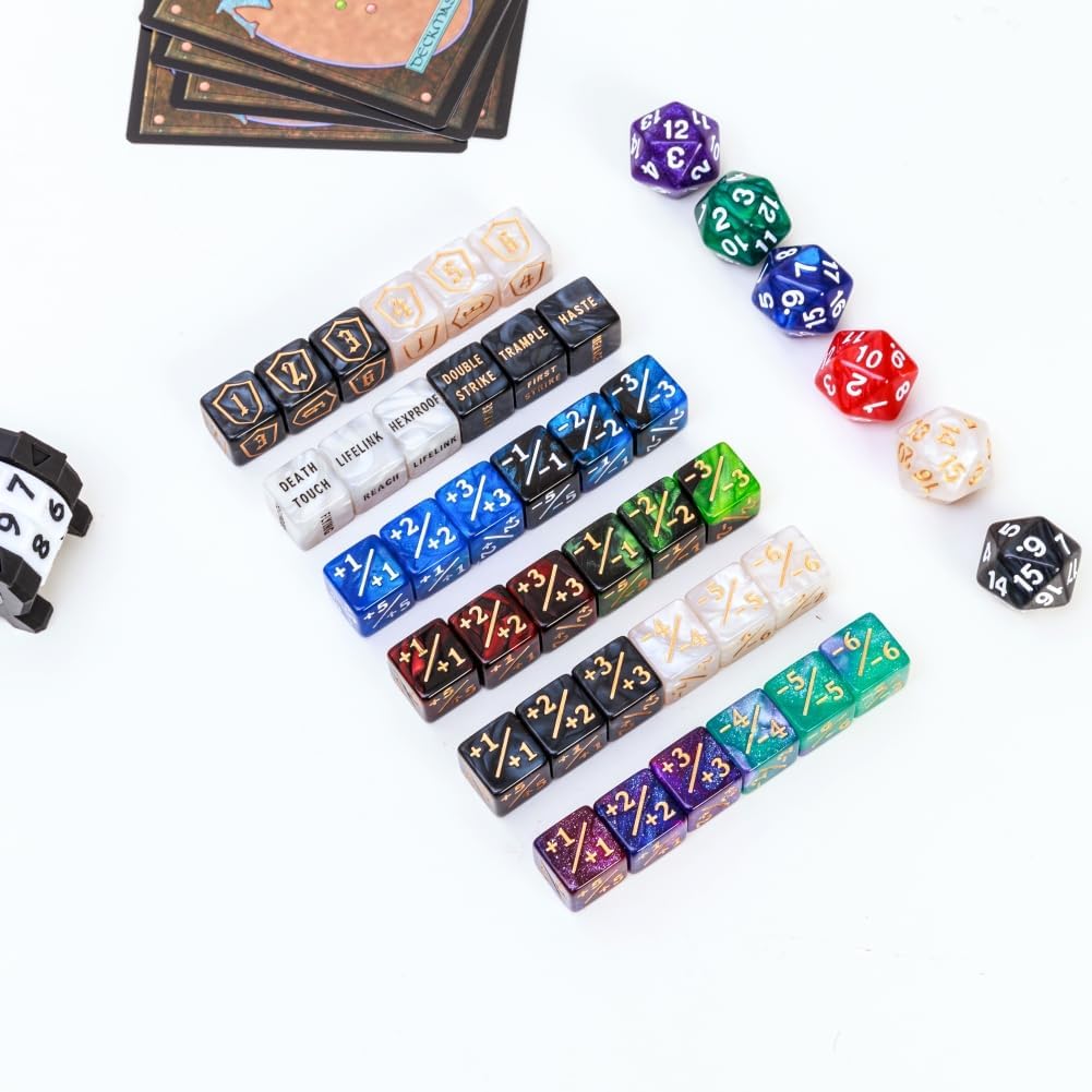 79 Pcs MTG Dice Set in 12 Colors with Plus 1 Life Counter Dices, Buff Ability Keyword Tokens, Shield and Spindown Dice, Life Counter Wheel Bag for MTG, TCG, Cards Gaming Accessories (Black and White)