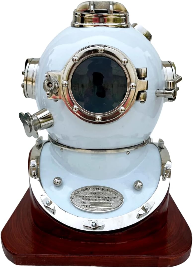 Vintage Diving Helmet, Metal and Glass, with Wooden Base