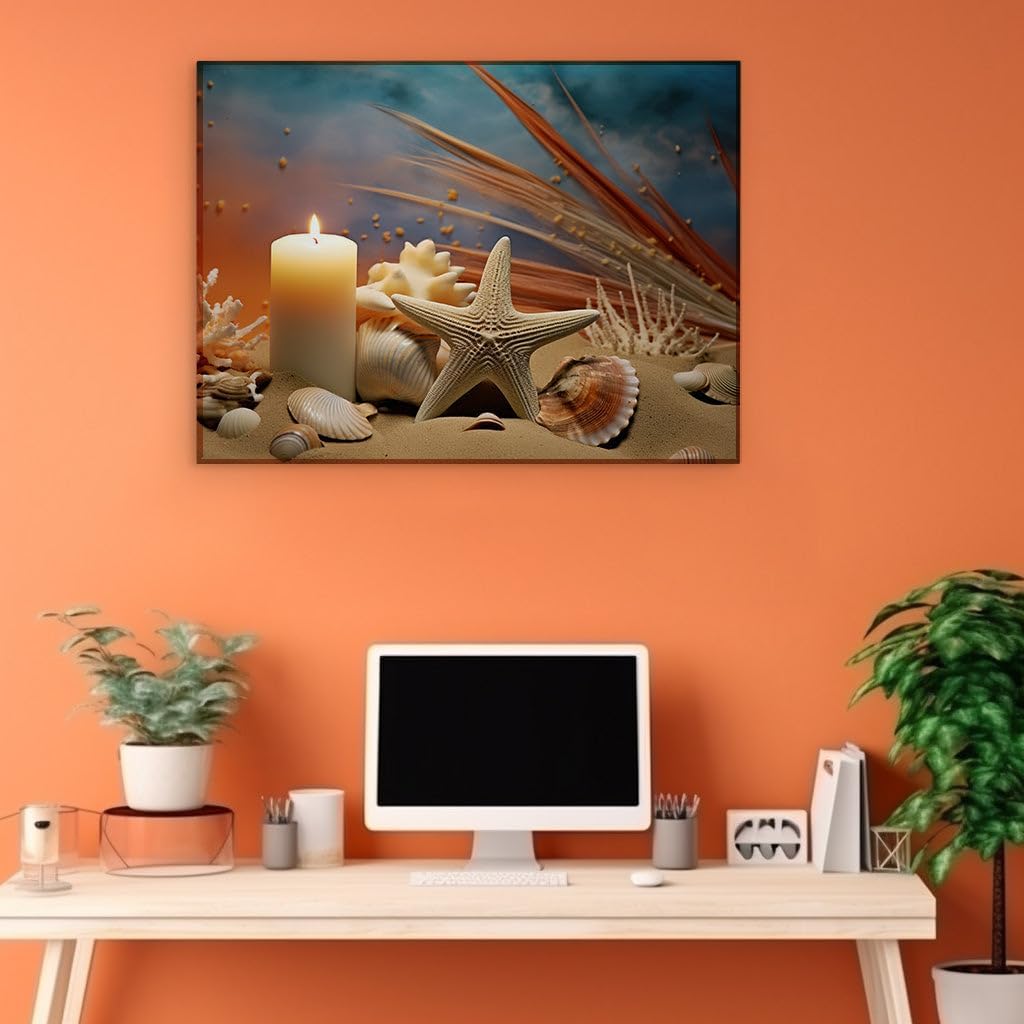 Canvas for Living room. Sunset Serenade: Seashells and Starlight on a Sandy Shore, 27 x 18 inch Canvas Wall Art - Seascapes And Ocean - Modern Home Decor