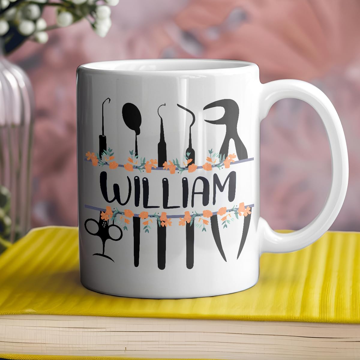 Custom Floral Dentist Mug with Name, Thank You Dentist Coffee Mug Gifts, Personalized Dentist Ceramic Cup, Dentist Mug Gifts for Dental Assistant, Floral Dentist Tea Cup, White Mug